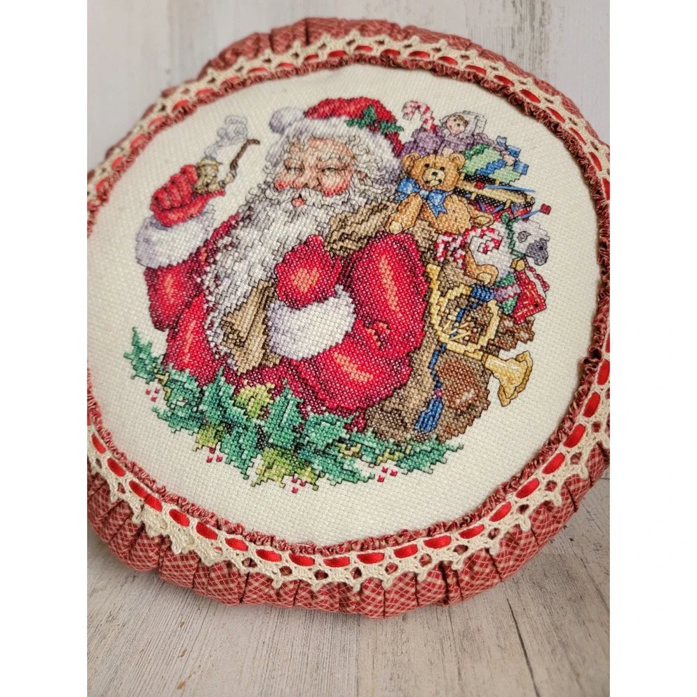Vintage embroidery circle Santa Claus pillow Xmas red toy bag pattern country